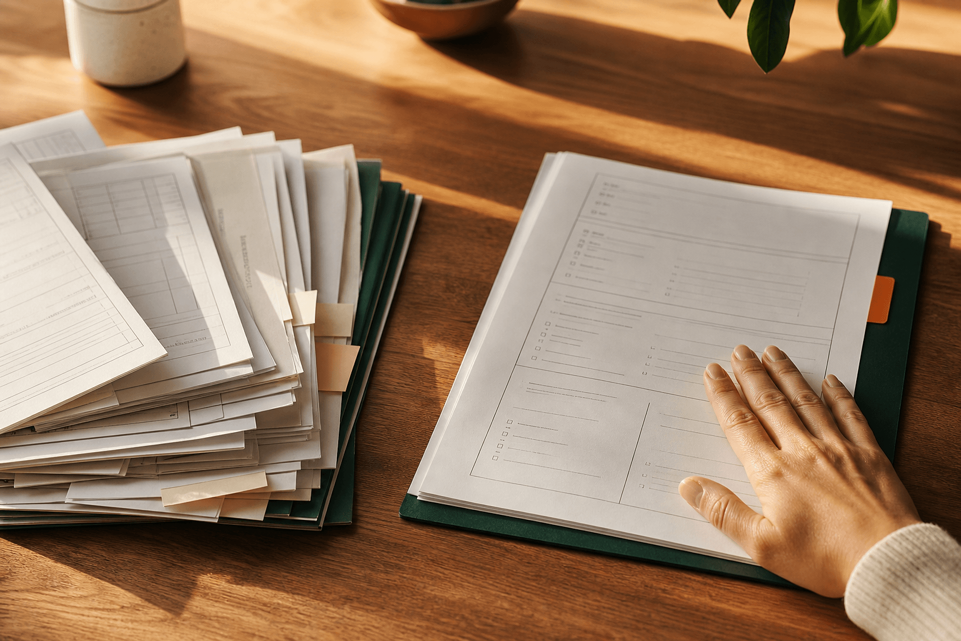 A close view of an onboarding checklist moving from scattered paper into a single ordered flow
