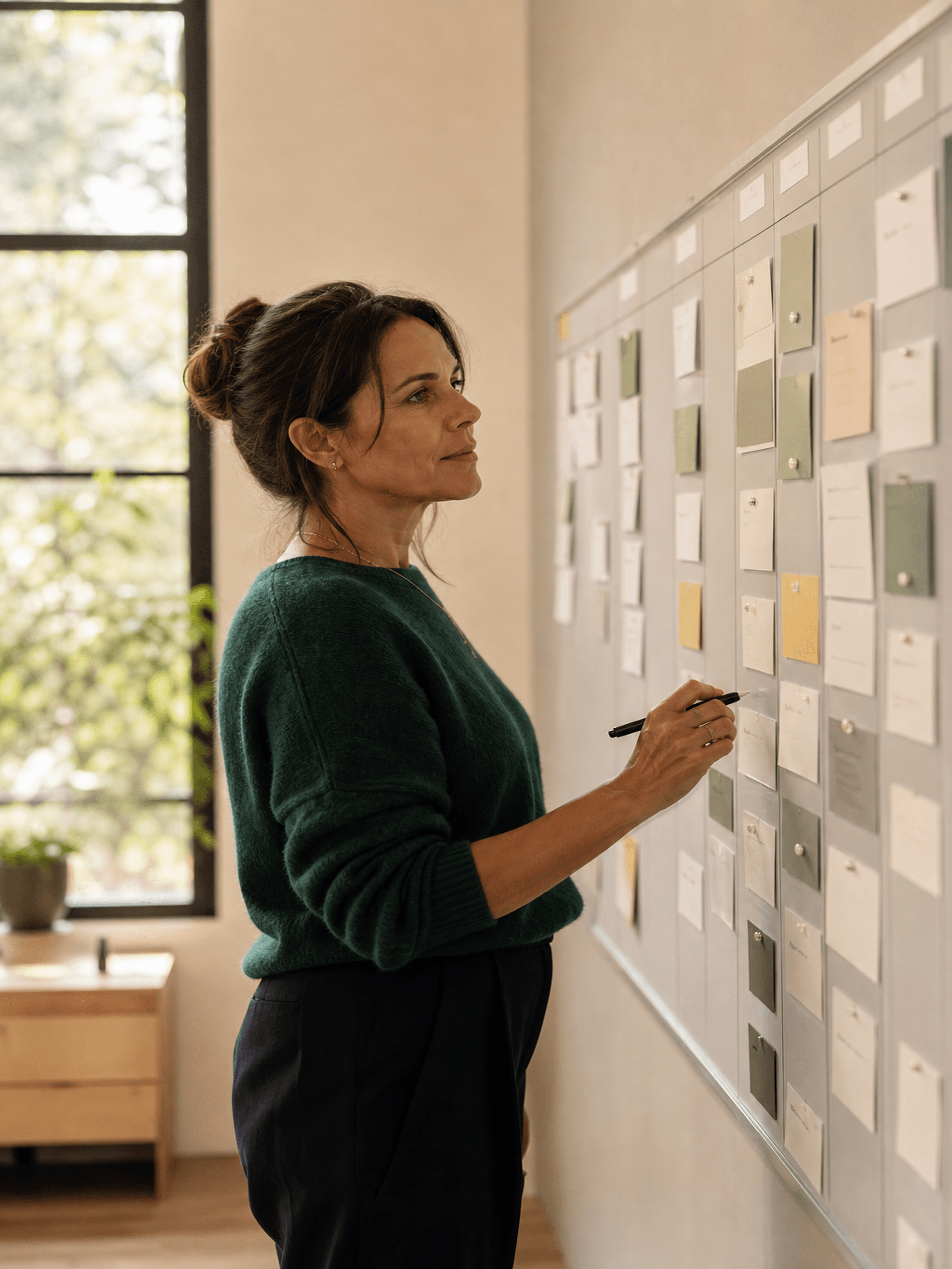 An operations lead standing at a live client journey board, tracking each stage